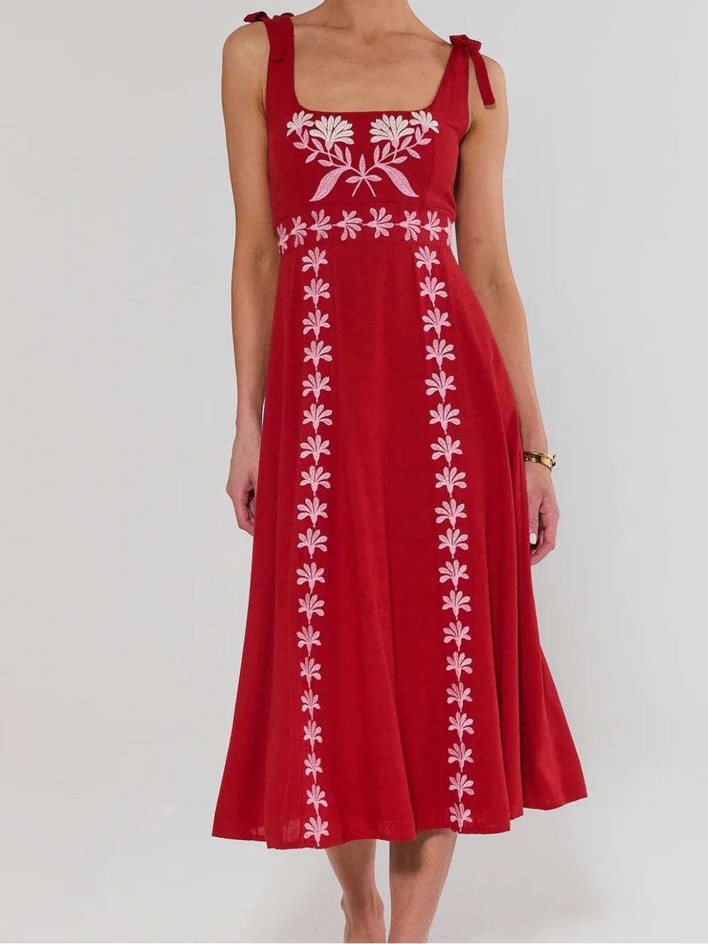 AVARA Red Embroidered Midi Dress with White Floral Details